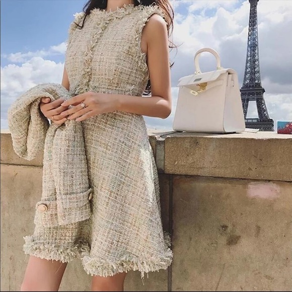 Little Pearls of Life Dresses & Skirts - Beige and Gold Two Piece Tweed Woolen Suit Set